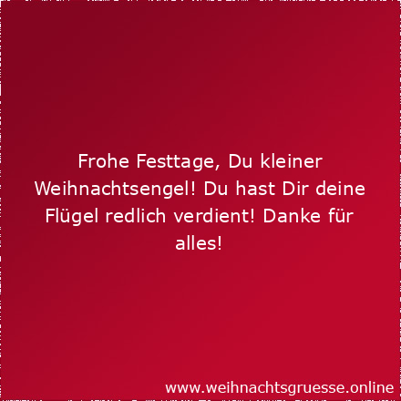 Frohe Festtage, Du kleiner Weihnachtsengel! Du hast Dir deine Flügel redlich verdient! Danke für alles!