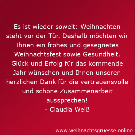 Es ist wieder soweit: Weihnachten steht vor der Tür. Deshalb möchten wir Ihnen ein frohes und gesegnetes Weihnachtsfest sowie Gesundheit, Glück und Erfolg für das kommende Jahr wünschen und Ihnen unseren herzlichen Dank für die vertrauensvolle und schöne Zusammenarbeit aussprechen!